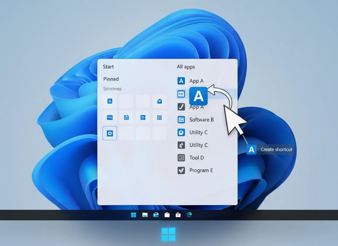 A user dragging an app from the Windows 11 Start Menu to the desktop to create a shortcut.
