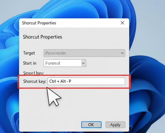The Shortcut Properties window in Windows 11 with the 'Shortcut key' field highlighted.